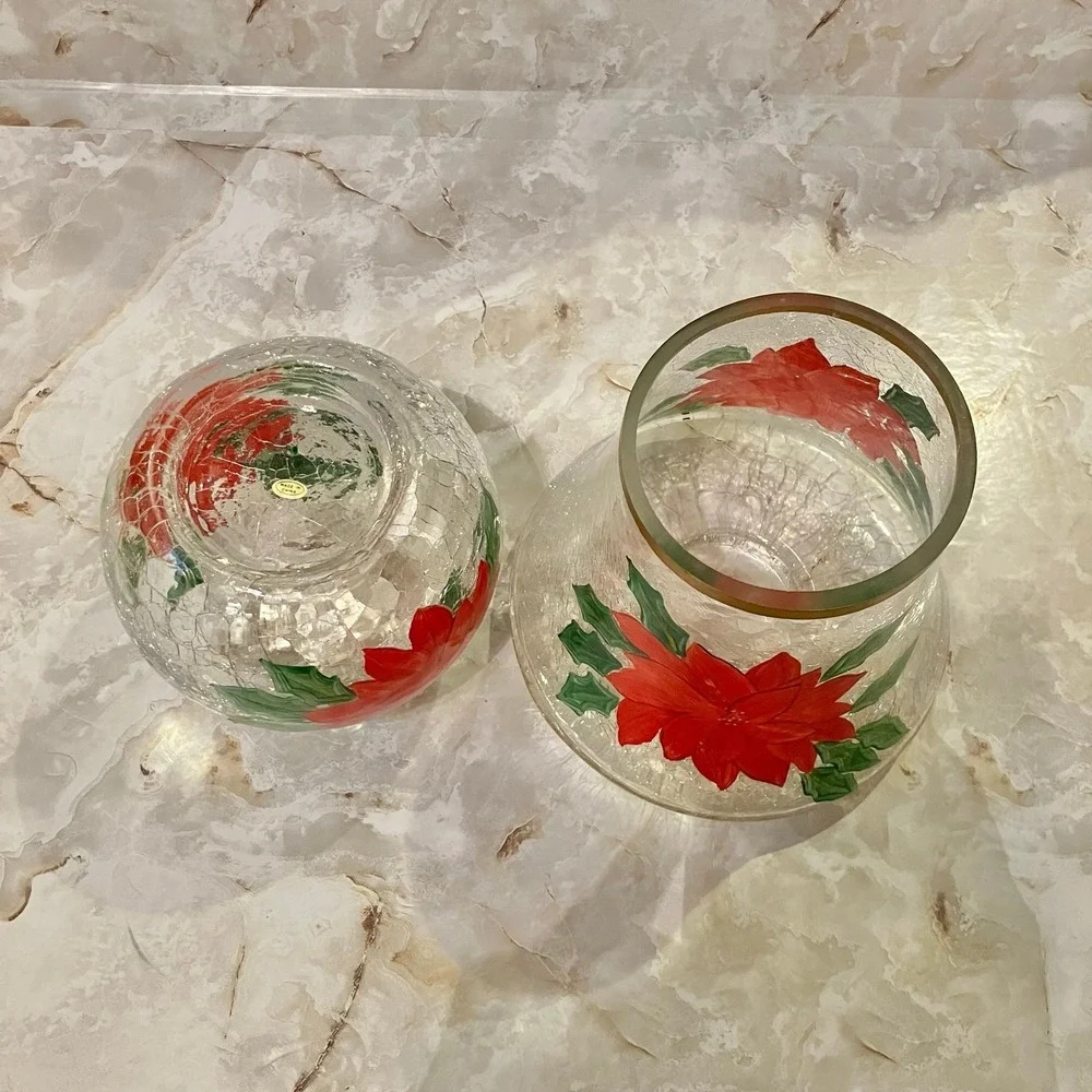 Yankee Candle Crackle Glass Poinsettia Lamp Set Votive Holder Hurricane Shade